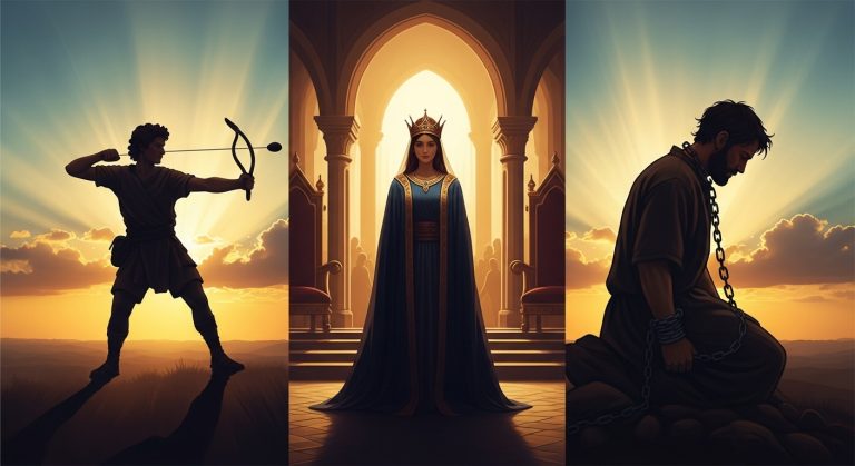 A montage of silhouettes of biblical figures like David with a sling, Esther in a royal court, and Paul in chains, superimposed over a dramatic, golden-hued sunrise. The style should be epic and painterly, evoking a sense of timeless wisdom and courage.